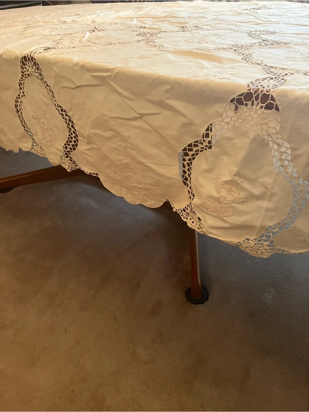 Vintage Italian Cotton Embroidered Crochet Beige Tablecloth 63” x120”